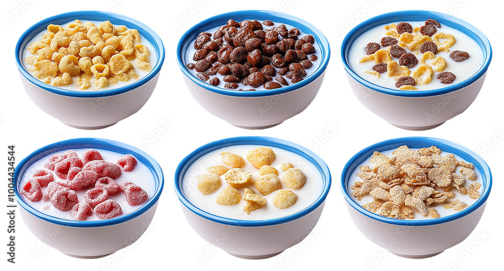Six Different Cereal Bowls in Milk Isolated on Transparent Background Six Different Cereal Bowls in Milk Isolated on Transparent Background