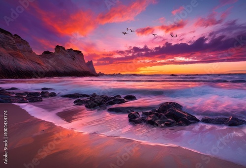 vibrant coastal landscapes sunset dramatic reflections calm waters beautiful skies, beach, coastline, ocean, waves, sky, horizon, dusk, seascape