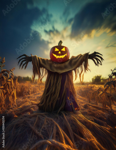 A scarecrow with a pumpkin on his head is standing in a field photo