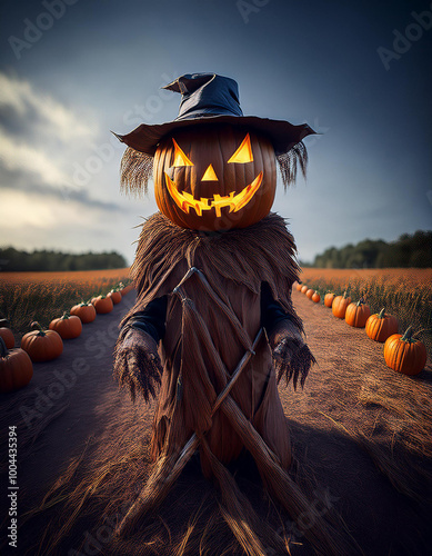 A scarecrow with a pumpkin on his head is standing in a field photo