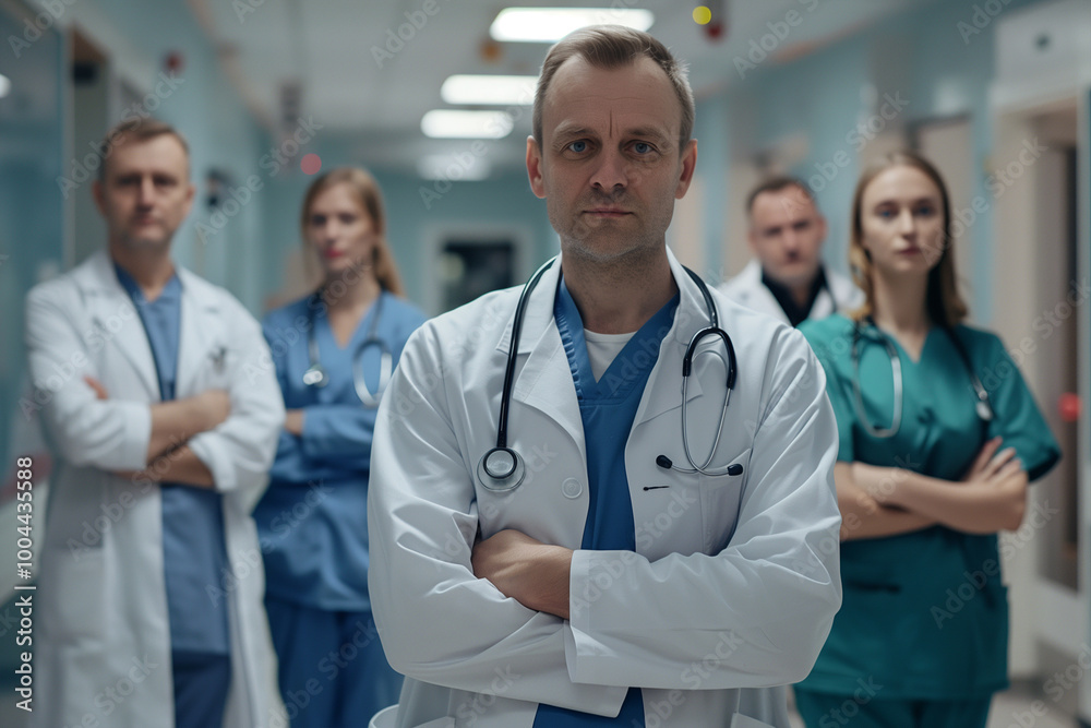 Photography of Lithuania team of professional workers in a modern hospital.	