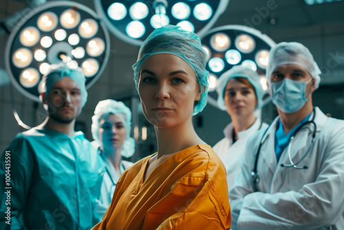 Photography of Latvia team of professional workers in a modern hospital.	 photo