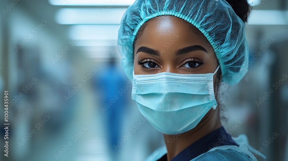 A healthcare worker wearing a mask in a hospital setting. A healthcare worker wearing a mask in a hospital setting.