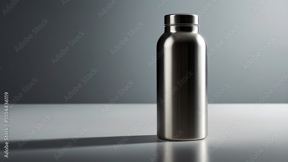 A sleek, stainless steel water bottle placed on a solid-colored cube, with soft shadows and a monochromatic background, focusing on the clean design and minimalist aesthetic. A sleek, stainless steel water bottle placed on a solid-colored cube, with soft shadows and a monochromatic background, focusing on the clean design and minimalist aesthetic.