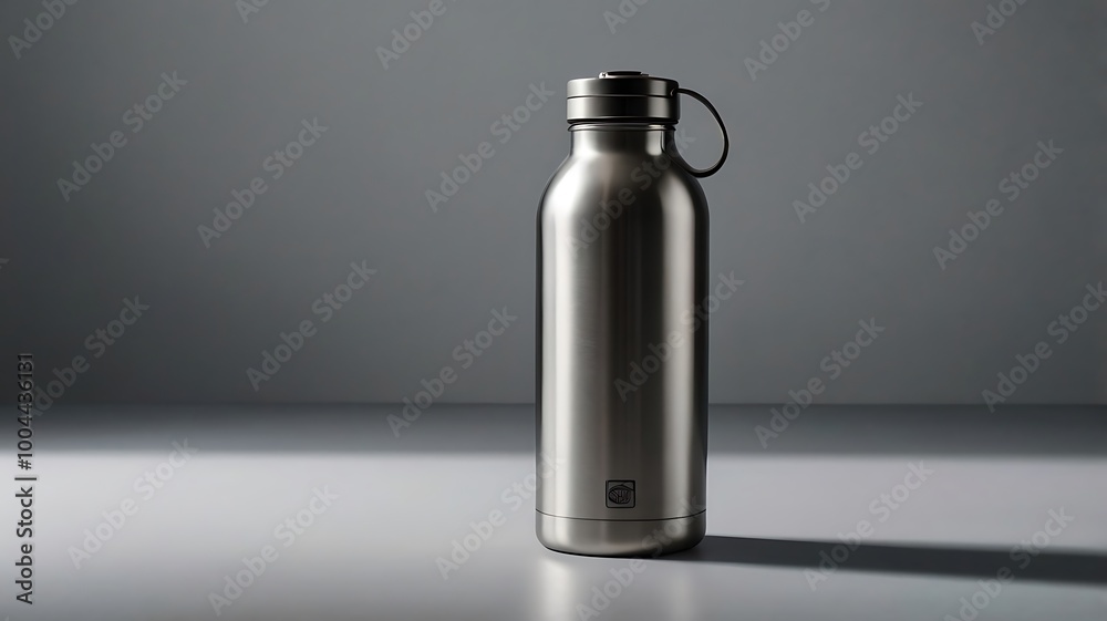 A sleek, stainless steel water bottle placed on a solid-colored cube, with soft shadows and a monochromatic background, focusing on the clean design and minimalist aesthetic. A sleek, stainless steel water bottle placed on a solid-colored cube, with soft shadows and a monochromatic background, focusing on the clean design and minimalist aesthetic.