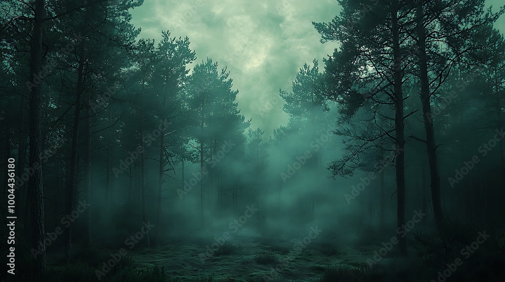 Fototapeta premium A foggy forest path winds into the unknown, shrouded in mystery and quiet allure.