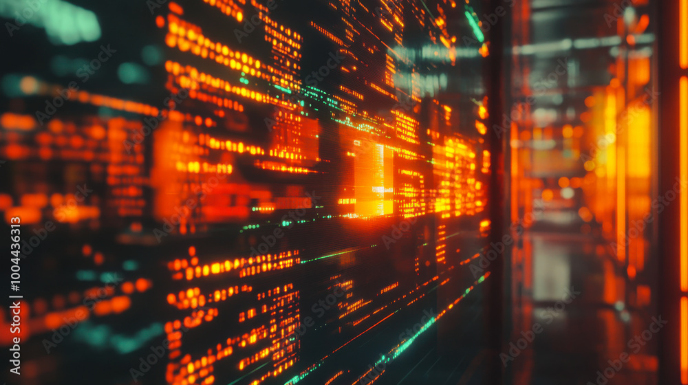 Dynamic digital data stream in a futuristic setting with glowing orange patterns reflecting technology Dynamic digital data stream in a futuristic setting with glowing orange patterns reflecting technology