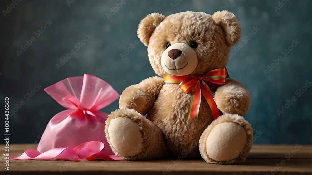 Fototapeta premium A soft plush teddy bear sitting inside a transparent gift bag, tied with a colorful ribbon, placed on a wooden table, evoking a playful and heartwarming gift idea.