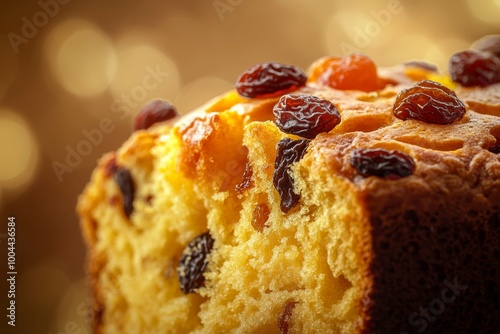 a close-up of a panettone cake's crumbly interior, with a few raisins and candied fruits peeking out, set against a warm, golden background photo