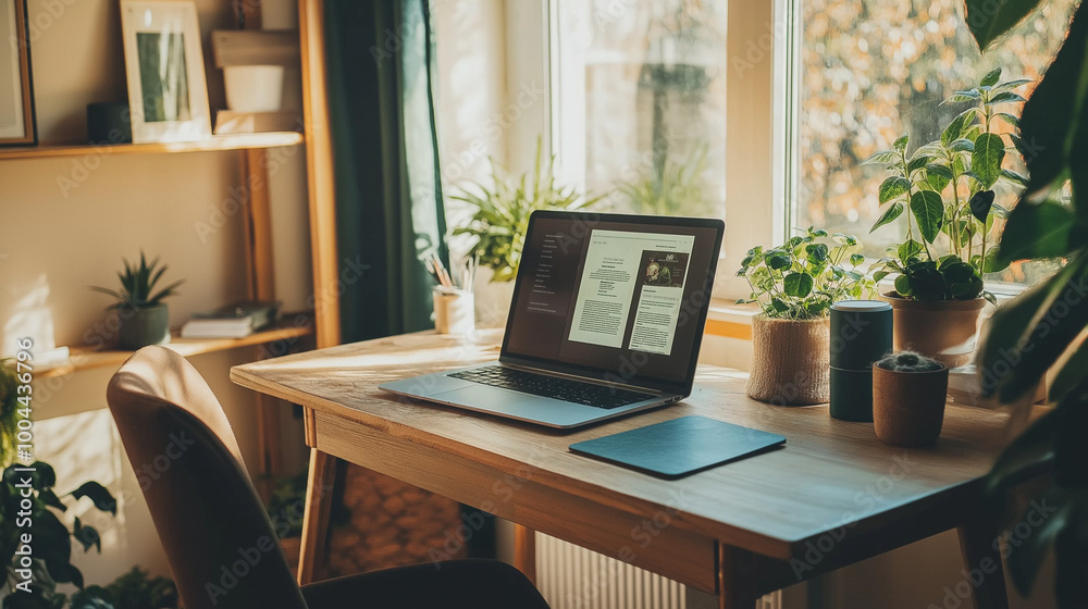 Warm and Inviting Cozy Home Office Setup with Stylish Desk, Ergonomic Chair, and Natural Light Warm and Inviting Cozy Home Office Setup with Stylish Desk, Ergonomic Chair, and Natural Light