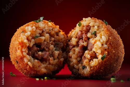 a close-up of a single arancini ball, cut in half to reveal the savory rice and meat filling, on a dark red background photo