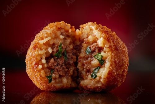a close-up of a single arancini ball, cut in half to reveal the savory rice and meat filling, on a dark red background photo