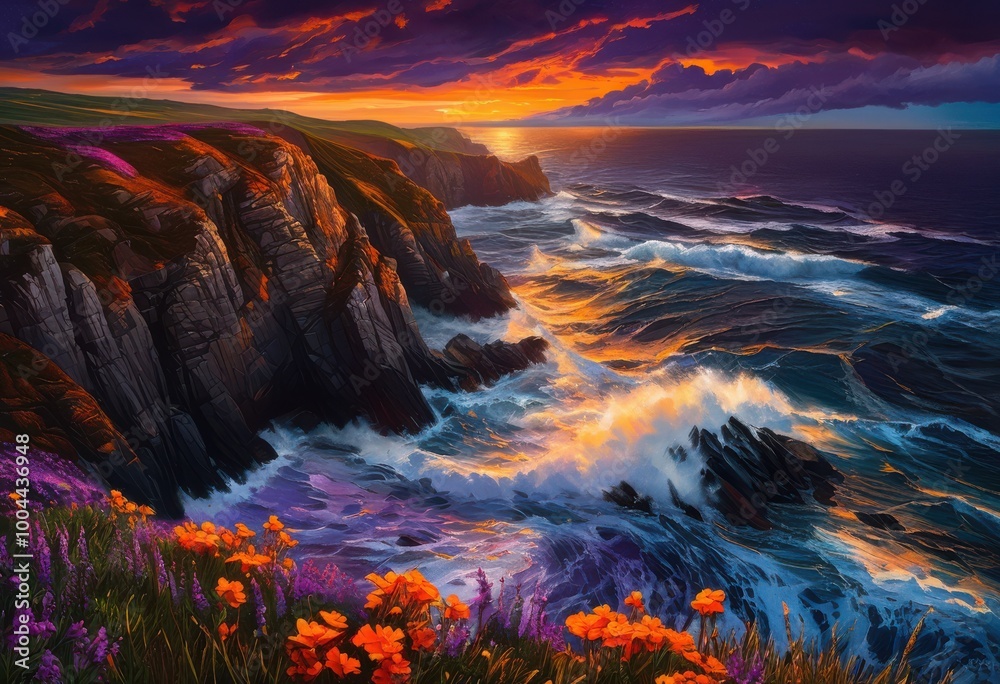 Naklejka premium stunning coastal landscapes bathed vibrant drama striking light rich colorful elements capturing untamed beauty, beach, coastline, ocean, waves, sunset