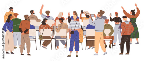 Diverse group of people gathered in a circle, engaging in an interactive meeting or seminar. Ideal for teamwork, education, collaboration, events, and communication themes. Flat art style