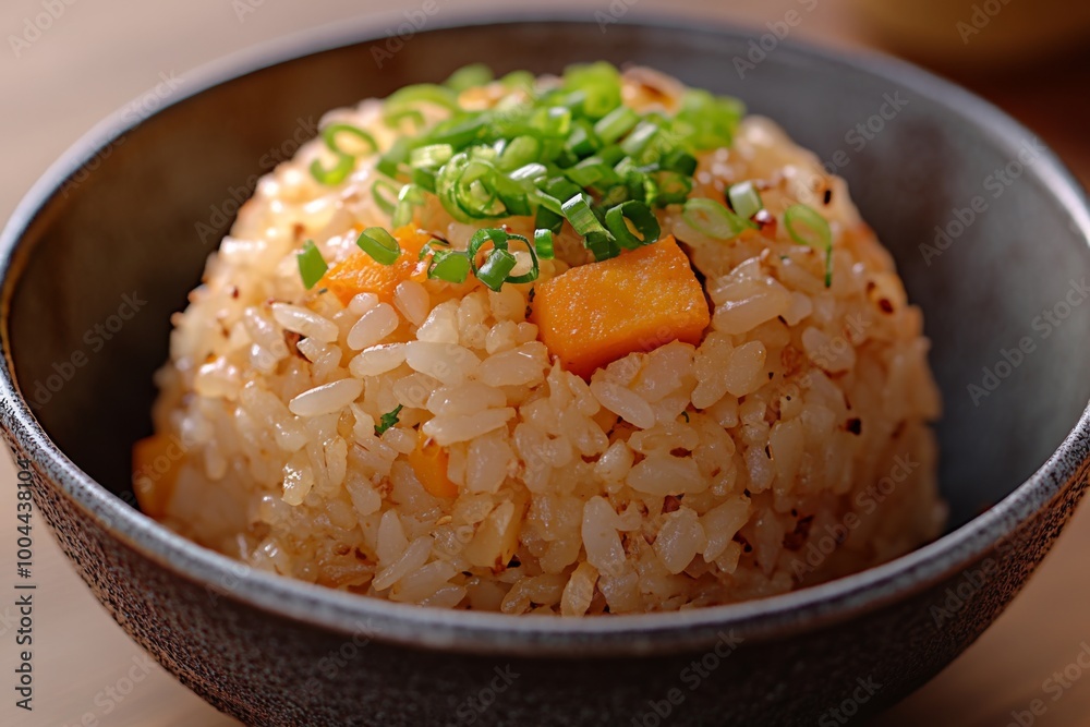 a close-up shot of a single serving of japanese mixed rice, with a perfectly cooked sweet potato chunk and a sprinkle of green onions on top a close-up shot of a single serving of japanese mixed rice, with a perfectly cooked sweet potato chunk and a sprinkle of green onions on top