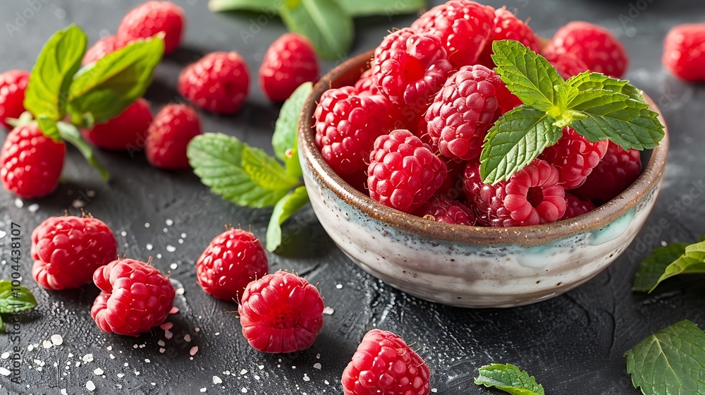 A bunch of raspberries tumbling out of small ceramic bowl surrounded by scattered mint leaves A bunch of raspberries tumbling out of small ceramic bowl surrounded by scattered mint leaves