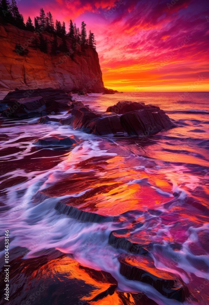 Fototapeta premium vibrant sunset reflected dynamic shoreline colorful hues sky water, beach, colors, reflection, landscape, horizon, light, waves, orange, pink, purple