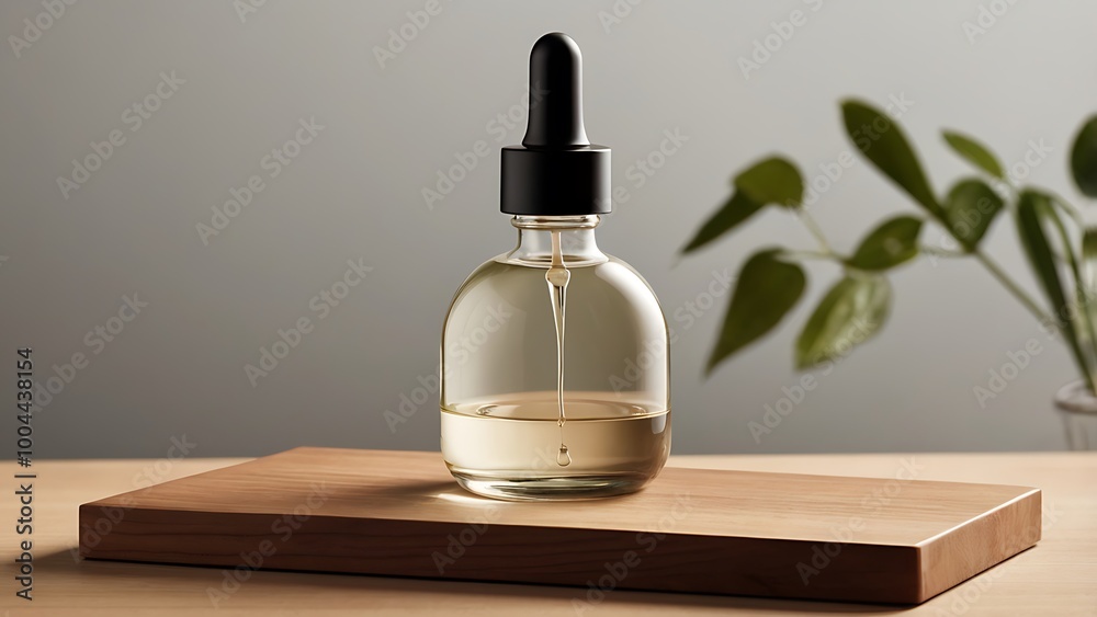 A clear, minimalist glass bottle with a dropper, placed on a smooth wooden block, with a soft, neutral background, highlighting the simplicity and clarity of the product. A clear, minimalist glass bottle with a dropper, placed on a smooth wooden block, with a soft, neutral background, highlighting the simplicity and clarity of the product.
