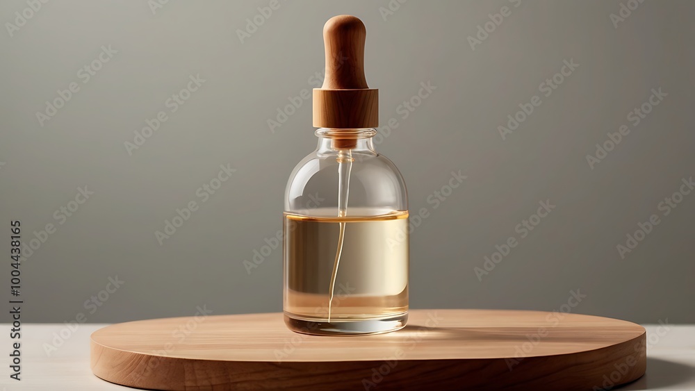 Naklejka premium A clear, minimalist glass bottle with a dropper, placed on a smooth wooden block, with a soft, neutral background, highlighting the simplicity and clarity of the product.