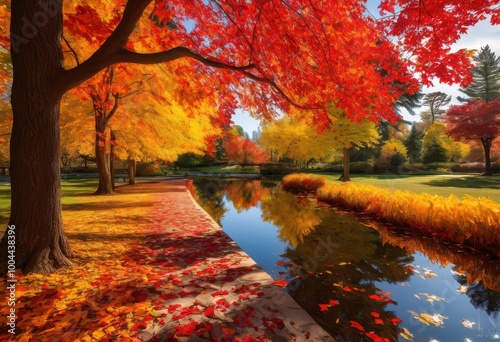 vibrant autumn leaves creating colorful blanket across serene park pathways underneath clear blue skies, amber, afternoon, air, beauty, bright, canoe, colors photo