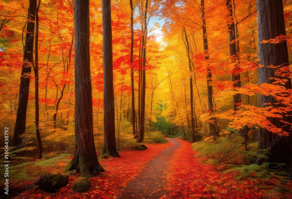 Obraz premium stunning display vibrant autumn leaves covering serene forest trail surrounded tall trees golden sunlight, nature, orange, red, yellow, path, ground, scenery