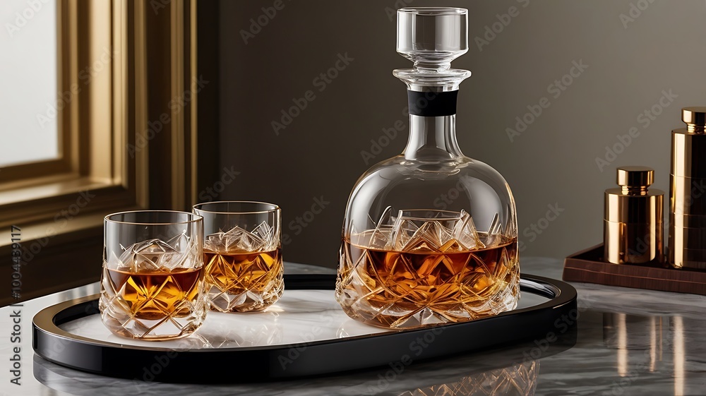 A crystal whiskey decanter with matching glasses, arranged neatly on a polished stone base, perfect for gifting to luxury enthusiasts and home bar aficionados.
