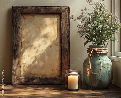 Empty wooden frame, candle and glass jar on a wooden table. photo