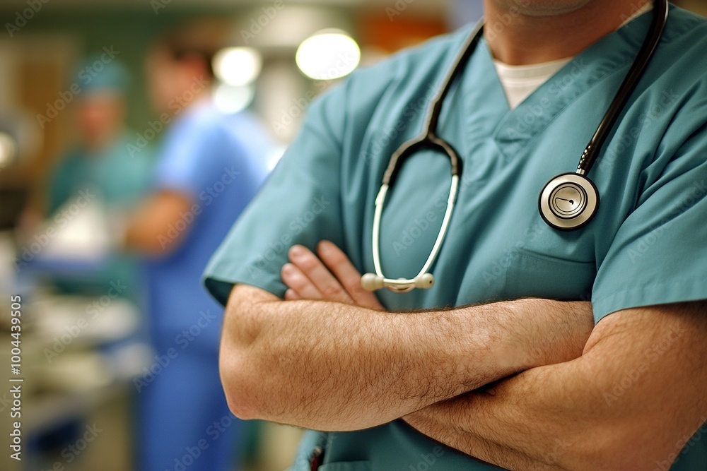 A close-up of a healthcare professional in scrubs with arms crossed and a stethoscope around their neck, with a blurred background of medical staff in a hospital or clinic setting. generative ai A close-up of a healthcare professional in scrubs with arms crossed and a stethoscope around their neck, with a blurred background of medical staff in a hospital or clinic setting. generative ai