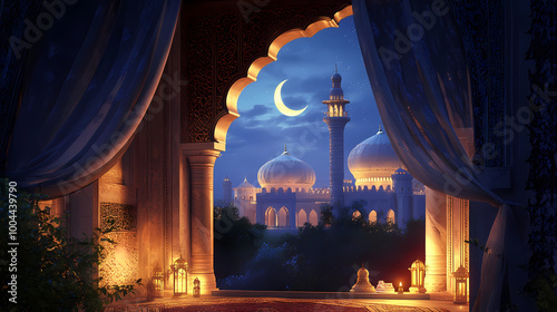 Ramadan kareem greeting background islamic 3d illustrator design. Arabian Nights. Illustration