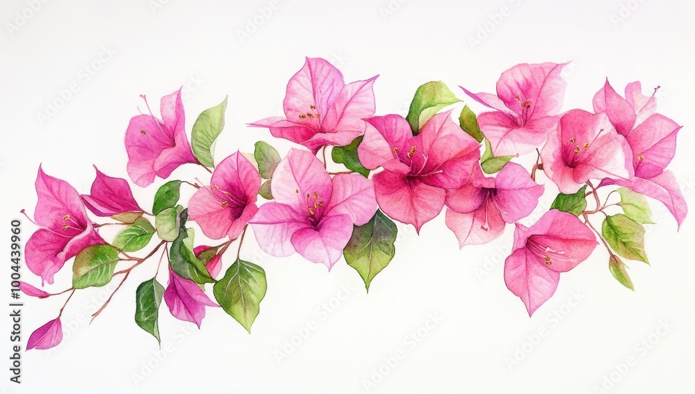 Watercolor painting of a pink bougainvillea flower garland on a white background, with pastel colors Generative AI