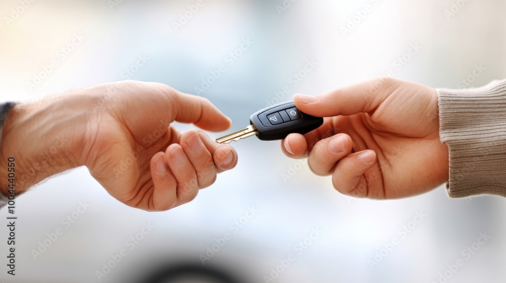 Fototapeta premium Two hands exchanging a car key, symbolizing transfer of ownership or responsibility.