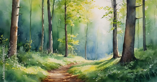 A tranquil forest path bathed in dappled sunlight, painted in watercolor with soft greens and blues. This serene scene evokes a sense of peace and tranquility.