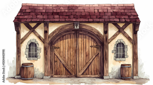 Renaissance fair doors featuring tudor-style timbering. Renaissance Fair. Illustration photo