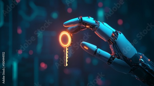 AI robot hand holding a glowing data key, representing unlocking the mysteries of artificial intelligence.