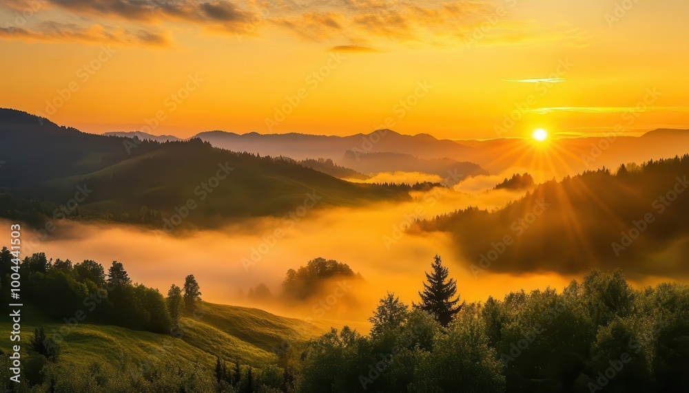 Golden Sunrise Over Foggy Mountain Valley Golden Sunrise Over Foggy Mountain Valley
