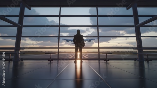 silhouette of a person at the airport watching a plane take off. travel by plane, passenger waiting in the airport, the silhouette of a passenger in the airport watching aircraft taking off.