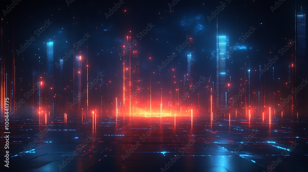 Fototapeta premium A digital city at night, glowing with advanced tech and lights. 