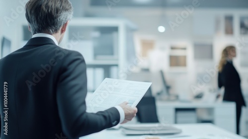 A professional man reviewing documents in a modern office setting.