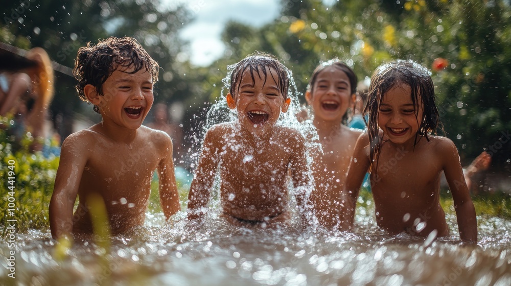 Children joyfully splashing in water during a sunny day. Children joyfully splashing in water during a sunny day.