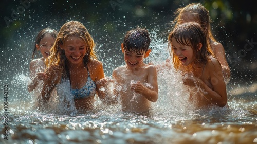 Children joyfully splashing water while playing in a natural setting.