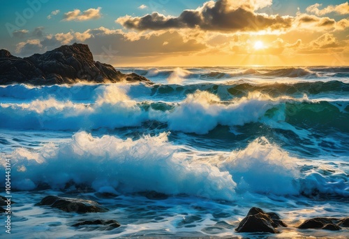 vibrant scene stunning waves powerfully crashing jagged rocky shoreline under bright blue sky, azure, coastline, dynamic, flowing, foam, horizon, maritime