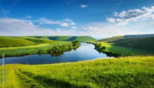 A serene summer afternoon by the calm river surrounded by lush green hills and vibrant blue skies. Generative AI