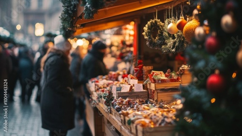 Christmas Market Stall with Festive Decorations and People Browsing