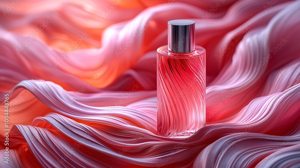 Beauty product placed in the center of swirling abstract 3D ribbons in a dreamy studio shot Beauty product placed in the center of swirling abstract 3D ribbons in a dreamy studio shot