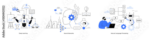 Automated deep learning, neural networks, natural language processing. Robot presenting data, human head network ai paint voice read. Ideal for AI, machine learning, data science technology automation