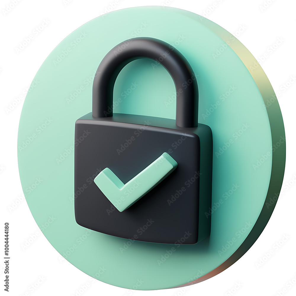 A 3D minimalistic padlock with a checkmark in black, soft pastel blue, and green. The icon features a circular, two-tone background, perfect for illustrating security and confirmation in modern app in A 3D minimalistic padlock with a checkmark in black, soft pastel blue, and green. The icon features a circular, two-tone background, perfect for illustrating security and confirmation in modern app in