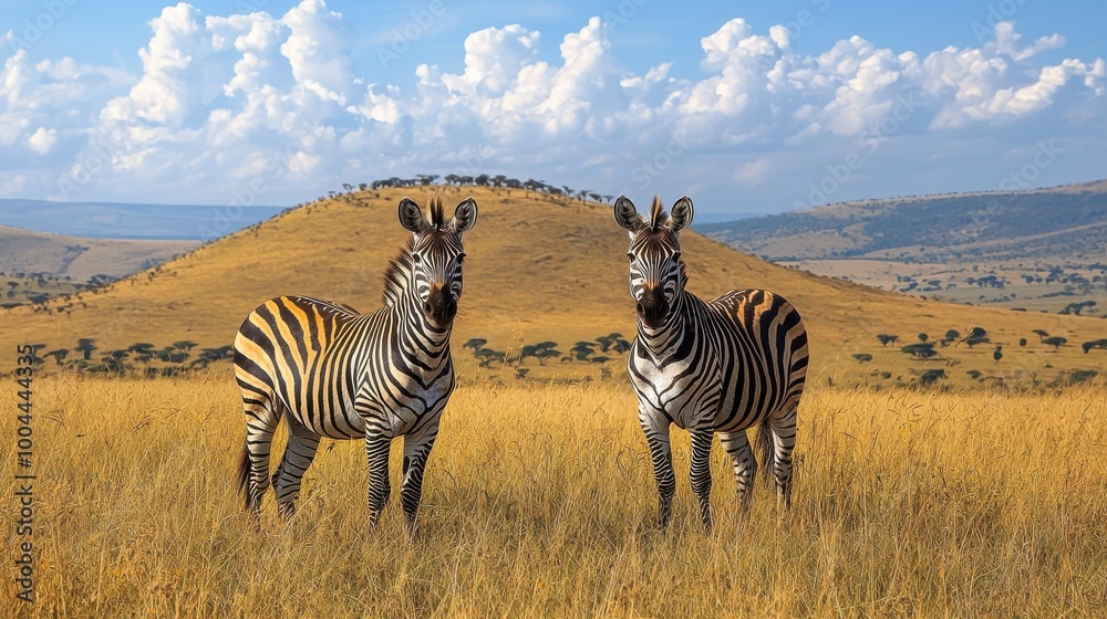 Obraz premium Two zebras grazing in the golden savanna grasslands of the Serengeti during a bright sunny day