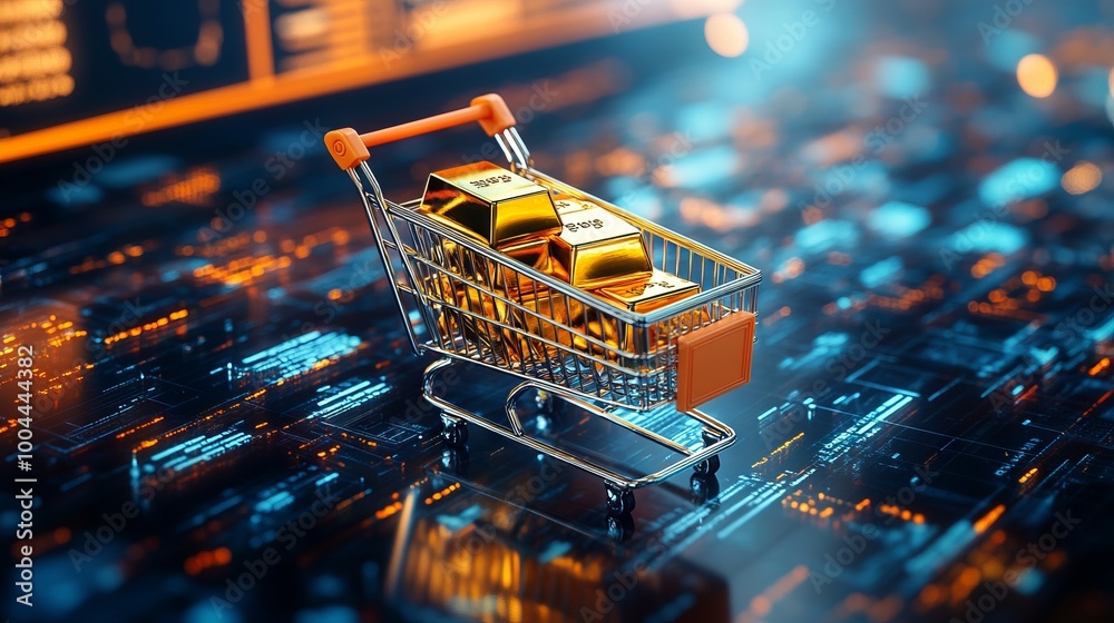 Tiny shopping cart with gold bars on a digital background. AI generated ...