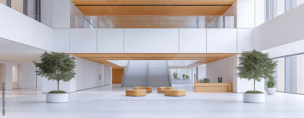 Modern lobby open space office interior with city panoramic view,in a skyscraper ,Airy ,soft style. Modern lobby open space office interior with city panoramic view,in a skyscraper ,Airy ,soft style.
