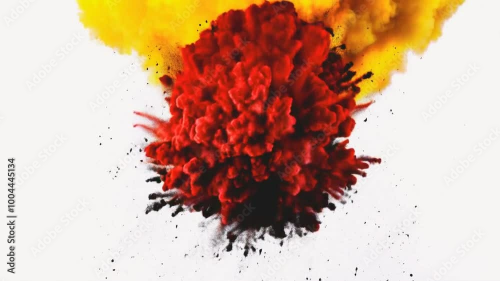 An explosion of vibrant colors, showcasing a dramatic burst of red and yellow smoke.